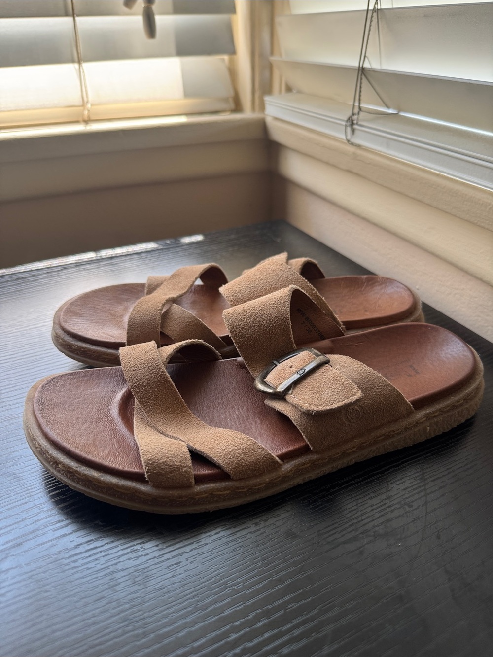 Women Born Suede Buckle Slide Sandals in Tan
